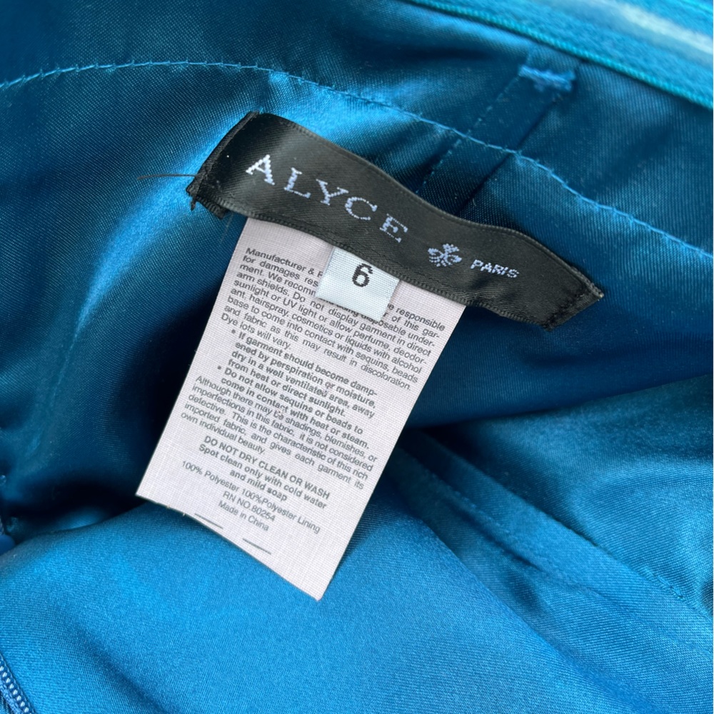Alyce Paris Strapless Dress Size 6 Peacock Blue Style 3700 Satin Fit & Flare - Picture 10 of 11